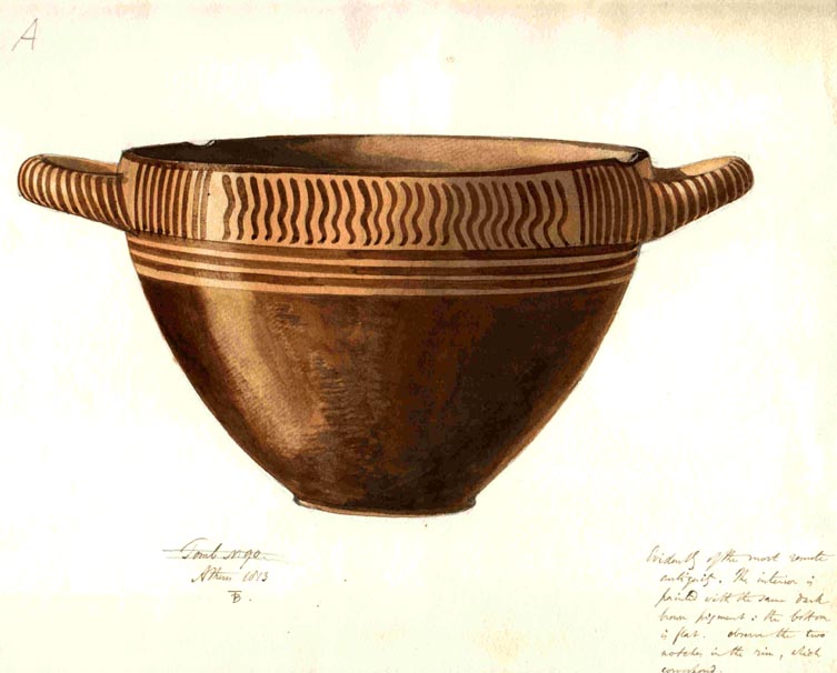 90A Pot, line design around rim and handles, Athens 1813